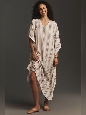 Mille Jones Kaftan Striped V-Neck Oversized Beach Dress in Ivory OS Resortwear